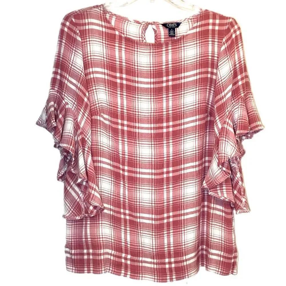Chaps by Ralph Lauren Plaid Top with Ruffle Sleeves Dusty Pink/Cream Women’s M